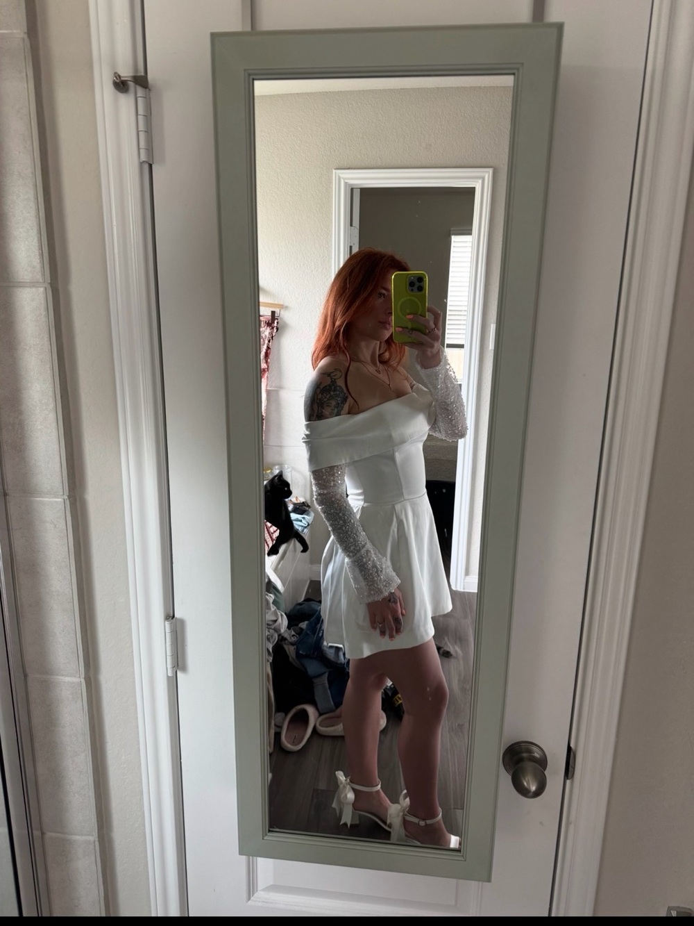 White Off-Shoulder Mini Dress with Sheer Lace Sleeves